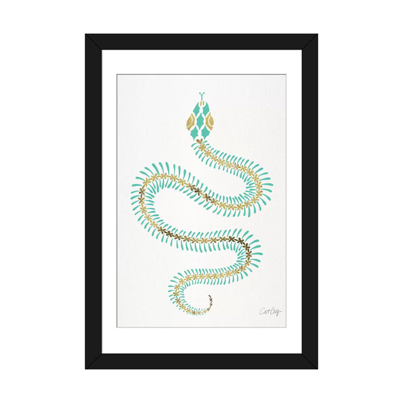 Strickler turquoise et squelette de serpent doré, H 26 po x l 18 po x P 1,5 po, Papier d'art encadré noir, Blanc
