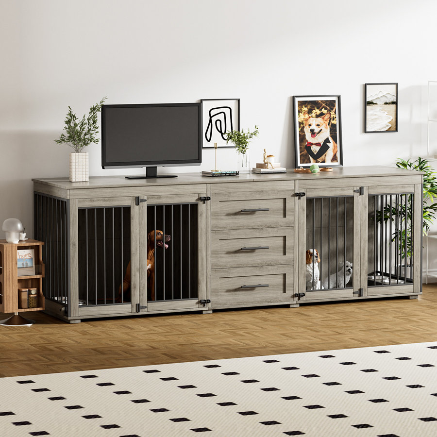 Large Furniture Style Wooden Dog Crate With 3 Drawers And 2 Dog Bowls