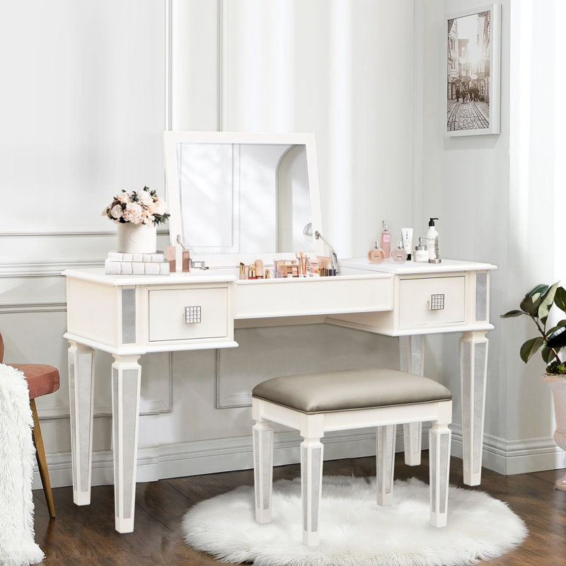 Modern Bedroom Vanity - Mirrored Makeup Table With Stool Crystal Knob For A Chic And Elegant Look Dressing Drawers Silver Finish