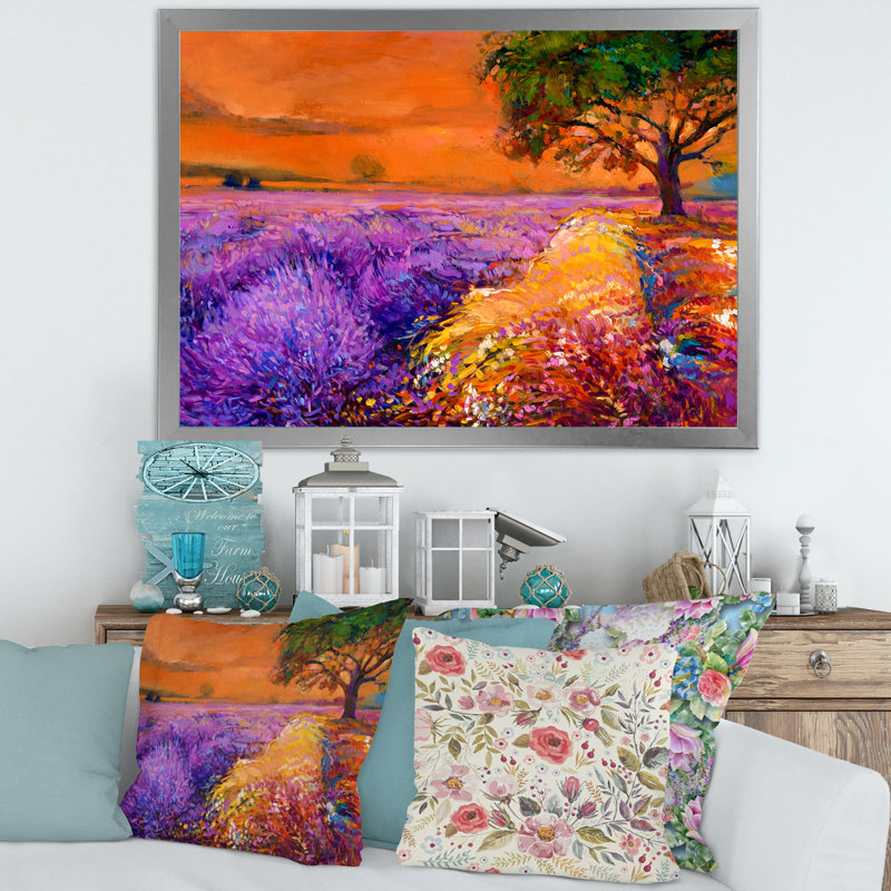 Mauve lavande mauve sous un coucher de soleil orange II - peinture sur toile, Cadre photo argenté, H 30 po x l 40 po x 1,5 po
