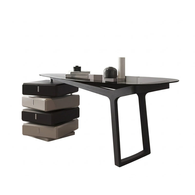 Bureau de direction moderne de 180 cm, bureau d'ordinateur asymétrique noir avec caisson suspendu à 4 tiroirs et piètement ajouré, bureau bicolore pour bureau à domicile