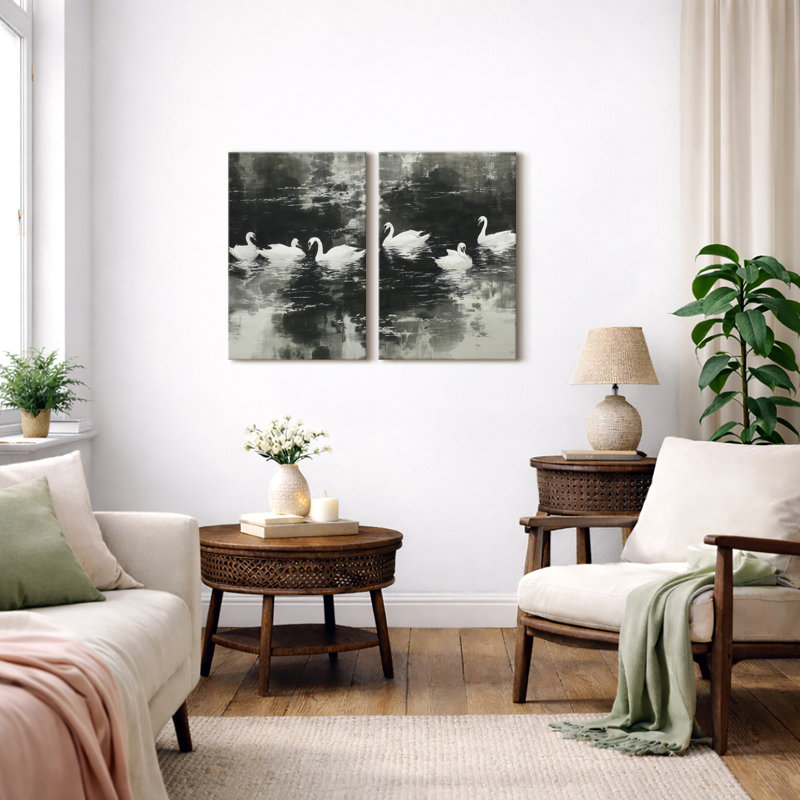 «Serene White Swans Lake», art du salon, impression sur toile encadrée, H 24 po x l 32 po, Toile tendue