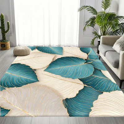 Large Teal White Gold Botanical Leaf Area Rug, Luxurious Plush Foliage Art Pattern, Soft Durable, Machine Washable Non-Slip Floor Carpet, Stylish Modern Indoor Home Decor for Living Room, Bedroom, Dining Room, Hallway, Office
