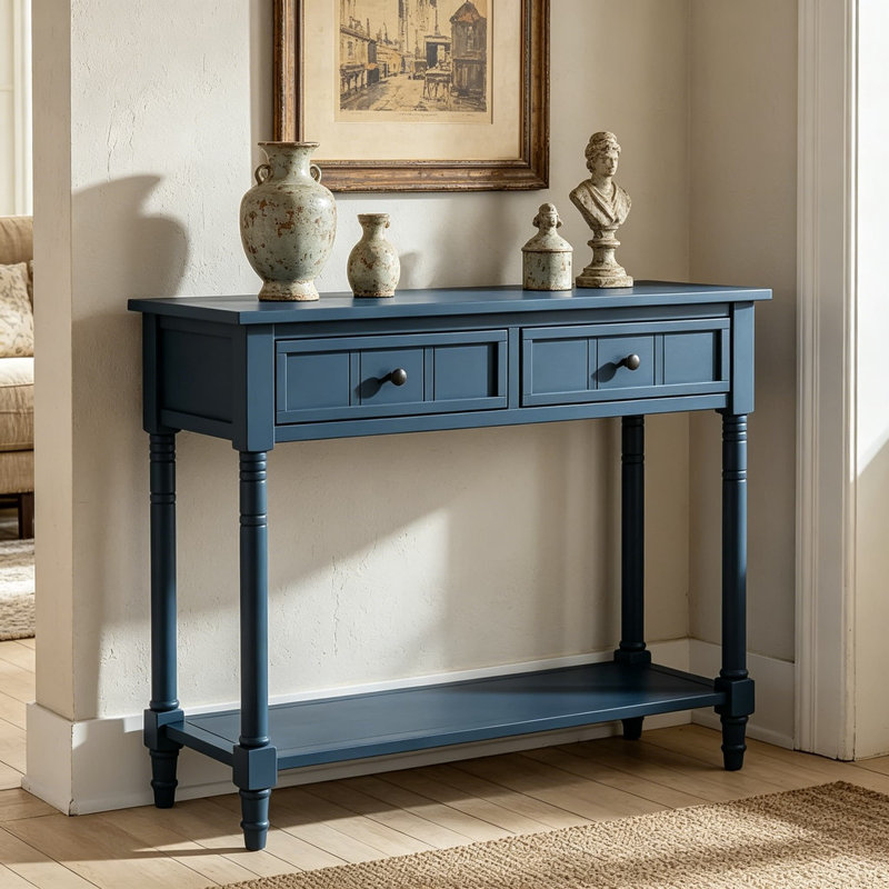 Longue console d'entrée étroite avec tiroirs de rangement et tablette inférieure, marine foncé, panneau de fibres à densité moyenne et bois de pin massif, style campagne