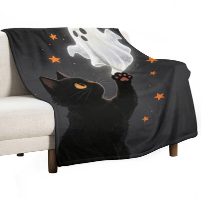 Black Cat Reaching Luxury Flannel Throw Blanket, Soft Warm Fuzzy Blanket for Living Room Sofa Bed Home Decor
