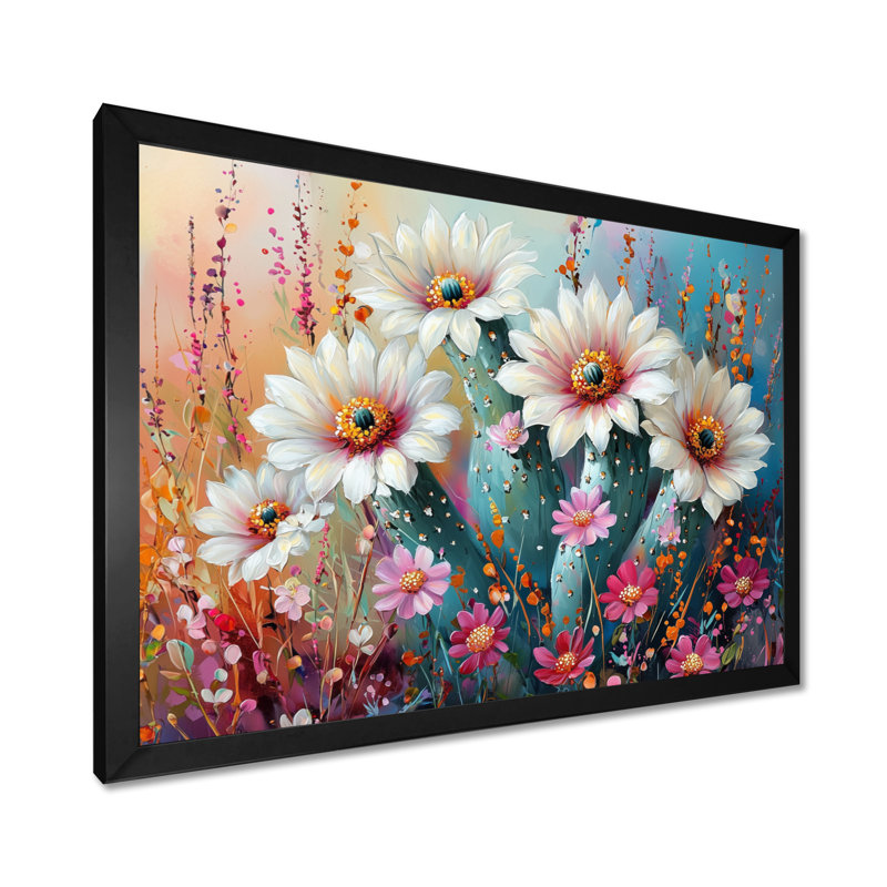 Cactus blanc et rose - Cactus, art mural, H 12 po x l 20 po, Cadre simple, Noir