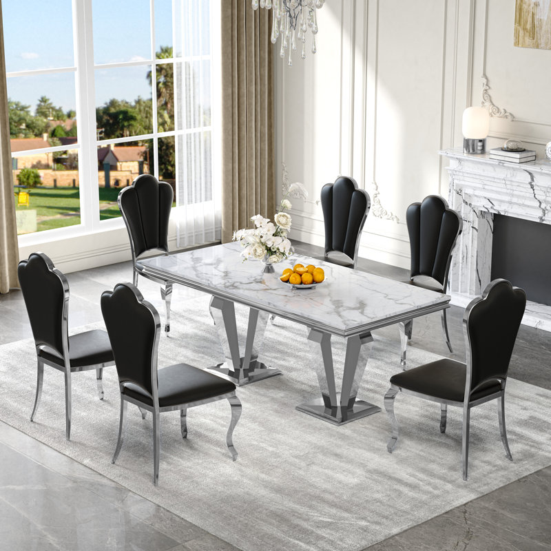 7-Piece Dining Table Set with Marble Veneer Tabletop and PU Leather Chairs – Modern Dining Room Furniture, Seats 6