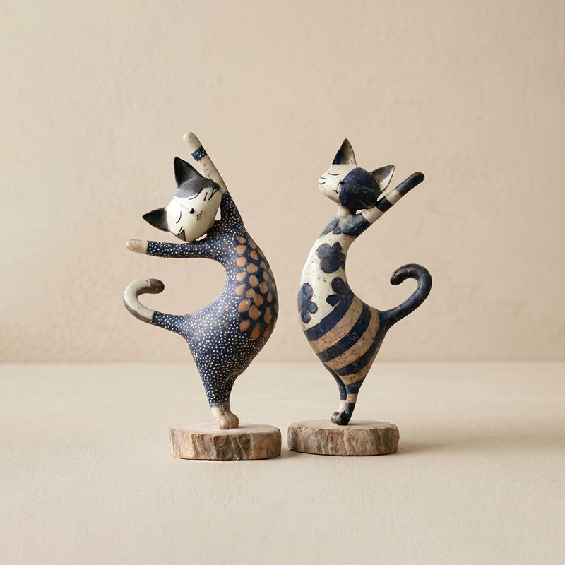 Ensemble de 2 figurines de chat dansant, sculptures éclectiques en résine bleue et blanche sur base de bois pour tablette et bureau