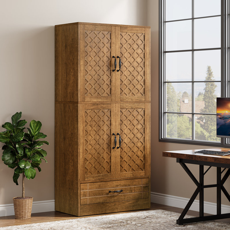 70 "Standard Storage Bookcase with Door and Drawer, Farmhouse Tall Book Cabinet, Brown