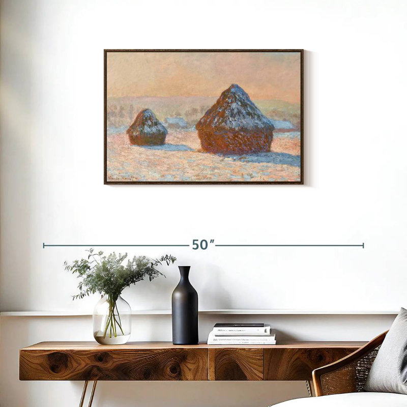 Wheatstacks Snow Effect Morning 1891, Cadre flottant en noyer, 31 po x 21 po