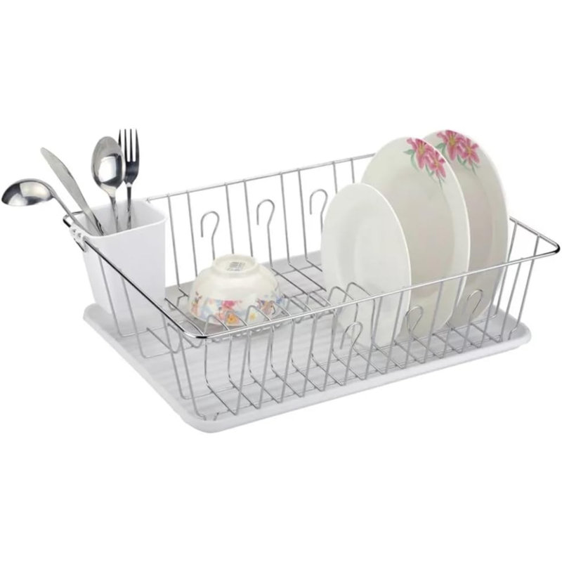 Égouttoir à vaisselle 16 po avec plateau de drainage, égouttoir à vaisselle en métal avec porte-couverts et crochets à tasses, organisateur de comptoir, noir