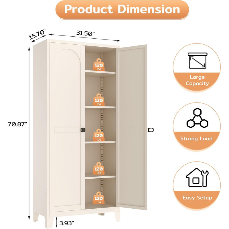 Armoire de rangement en métal de 70,87 po de hauteur avec serrure à combinaison à 3 chiffres et garde-manger en acier avec 4 tablettes réglables