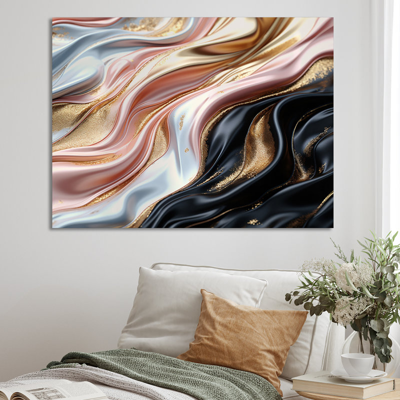 Art liquide sur toile, or rose, noir et bleu - Formes abstraites, H 12 po x l 20 po, Cadre flottant noir