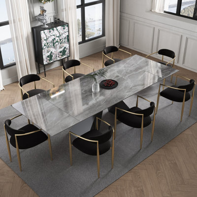 Ensemble de table de salle à manger 9 pièces Recline avec table de salle à manger extensible en pierre frittée de 110,23 po et 8 chaises en tissu