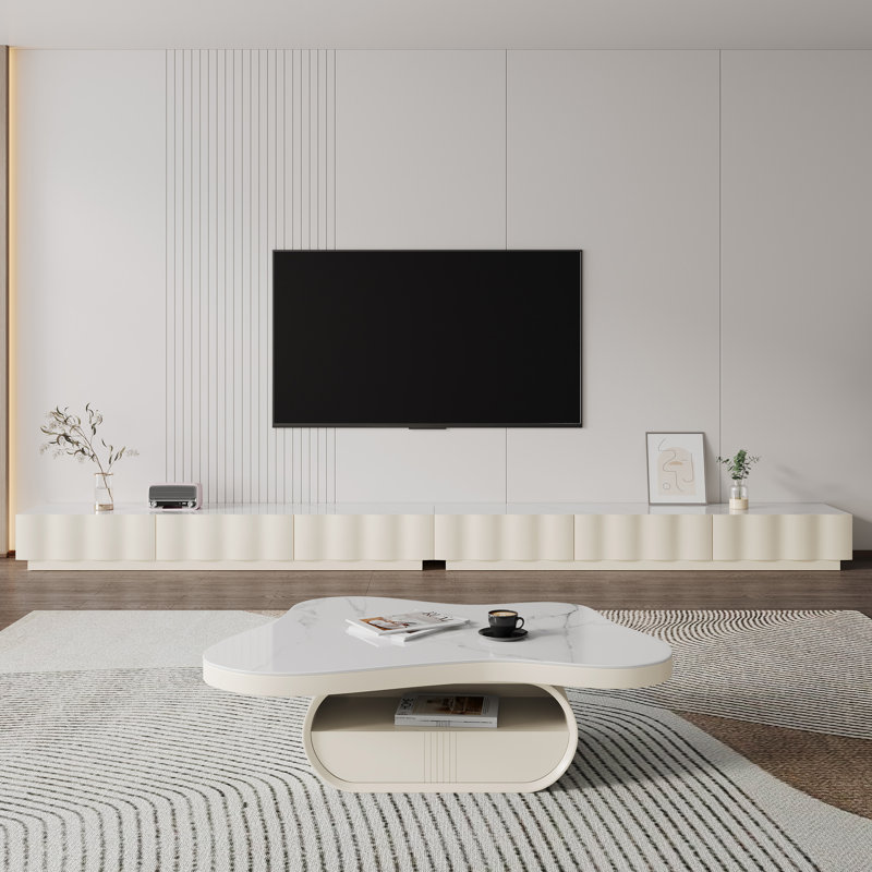 Meuble télé 141,7 po à 6 tiroirs, cadre ondulé 141,7 po