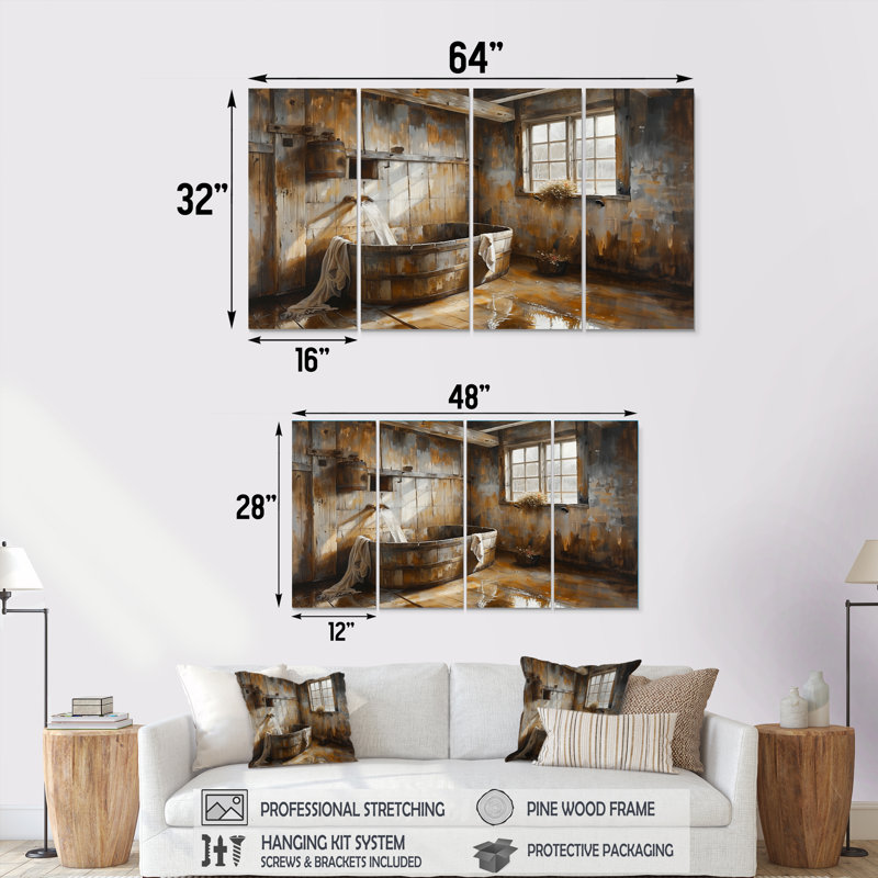 Brown Rustic Bathroom Charm III - Rustic Canvas Art Set, 28" H x 48" W