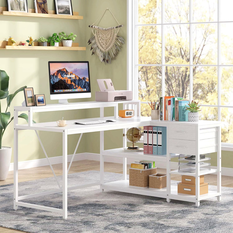 Bureau en L de 55 pouces, bureau d'écriture blanc et blanc avec rehausse de moniteur, tiroirs et tablettes de rangement en forme de L