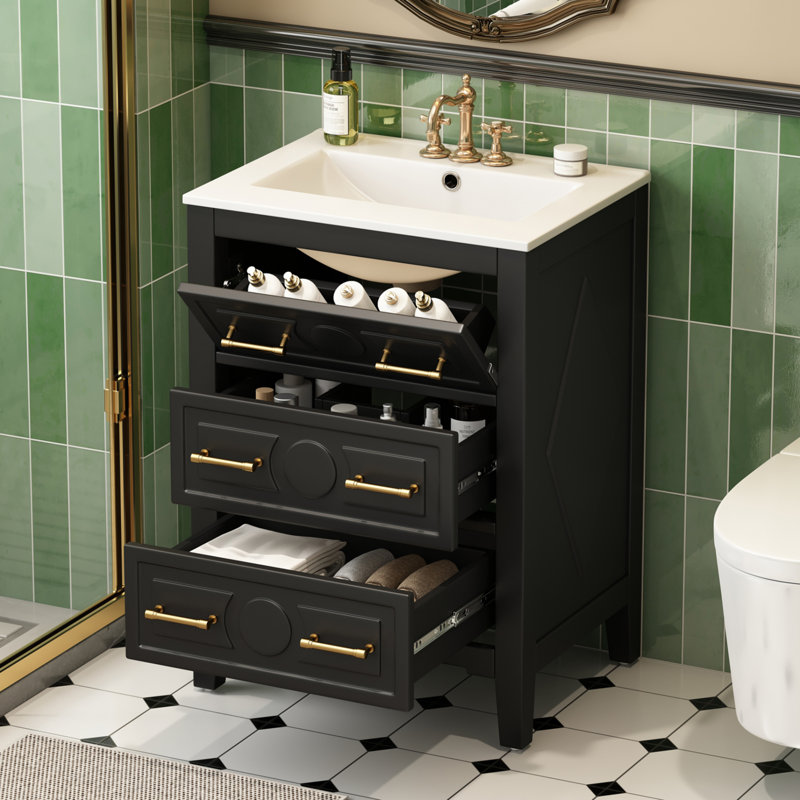 24"W Freestanding Single Vanity with Ceramic Sink Top and Drawers, Black