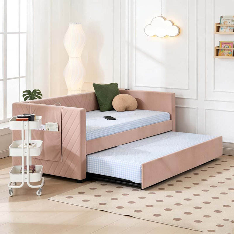 modern velvet daybed, sturdy wooden bed frame, Pink