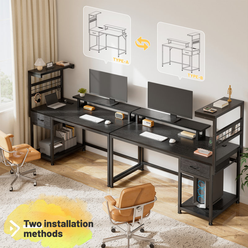 Top S Steel Computer Desk with Built-In Electrical Outlet, 51.2" H x 40" W x 19.7" D, Black