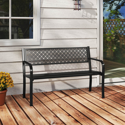 50" Outdoor Garden Bench With Geometric Lattice Backrest Armrests And Slatted Seat Black by Winston Porter
