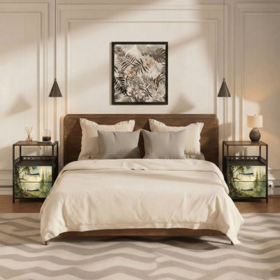 Table de chevet 2 tiroirs avec station de charge, table de chevet pour chambre à coucher avec ports USB, tablette ouverte noire, table de chevet avec des lapins Woodland