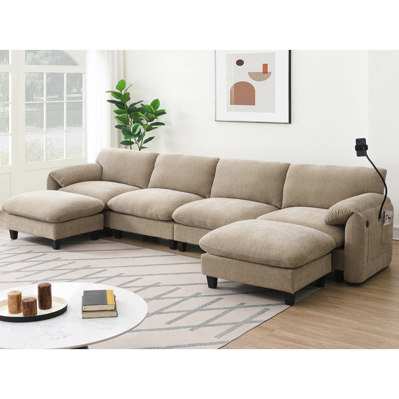 Canapé en chenille en U avec siège extra large, chargeur USB Type-C, support pour téléphone et repose-pieds, Brun