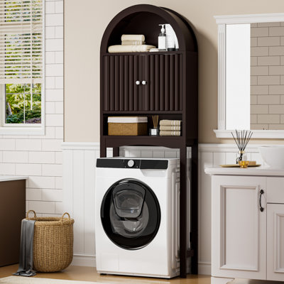 Armoire de rangement au-dessus de la toilette, organisateur de salle de bain autoportant avec tablette réglable et dispositif anti-basculement, armoire arquée avec portes, rangement de toilette peu encombrant pour la salle de bain, buanderie, mini bar