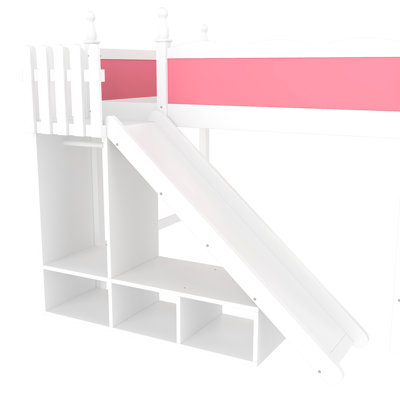 Lit mezzanine double avec tablettes de rangement et garde-robe, lits mezzanine en bois massif avec glissières amovibles et échelles, aucune boîte à ressorts nécessaire, rose et blanc. (Protection par brevet)