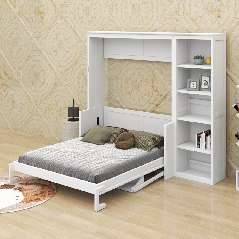 Lit escamotable double avec bureau et bibliothèque, Blanc, Double