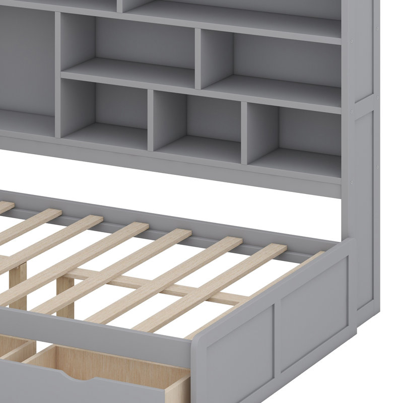 Lit de jour en bois avec trois tiroirs, bureau, tablettes et lumières, Gris