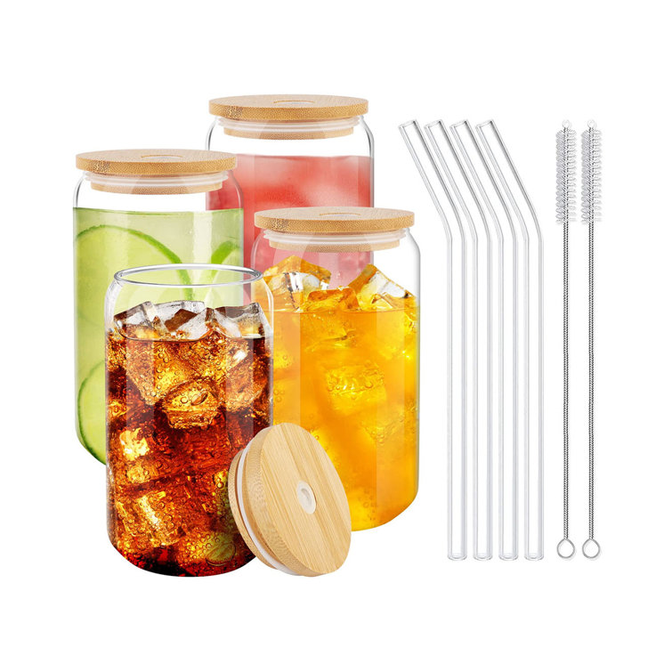 16oz Can Shaped Glass Cup with Bamboo Lid and Reusable Glass Straw, Glass  Cups Reusable Beer Can Glass for Beer Cocktail Coffee Tea