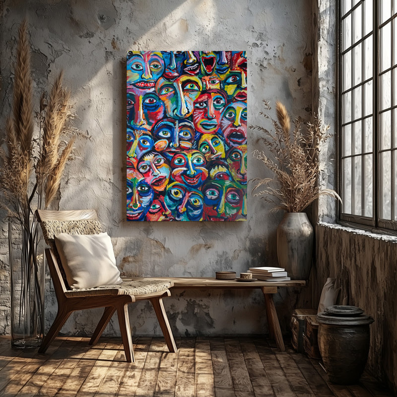 Toile «Un collage vibrant et chaotique de visages expressifs», art mural rendu dans des couleurs vives et des formes abstraites
