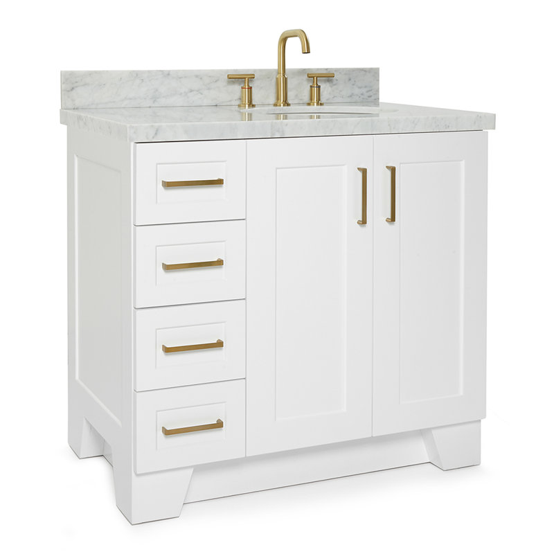 Meuble-lavabo simple en bois massif 37 po Freitas blanc avec plateau en marbre de Carrare 1,5 po, évier droit décalé, Blanc
