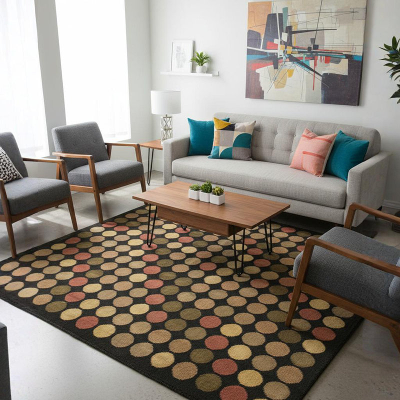 Aadi Polka Dots Hand-Knotted Wool Red/Black/Yellow Area Rug, Rectangle 2' x 3'