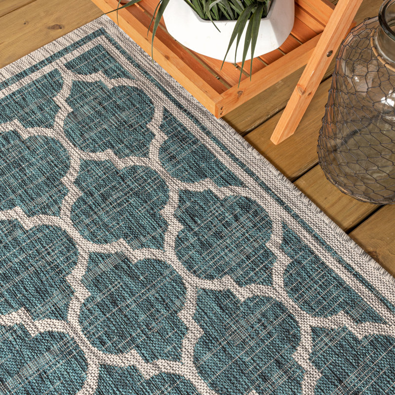 Hague Moroccan Trellis Textured Weave Teal/Gray Indoor/Outdoor Rug, Rectangle 7'9" x 10'