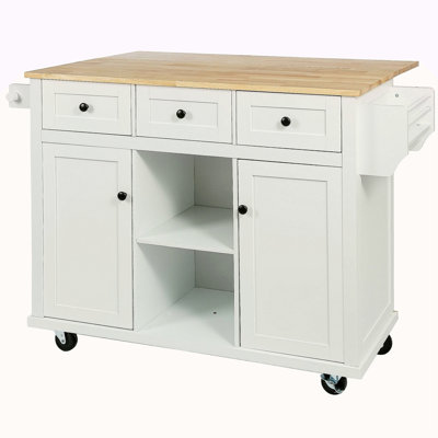 Kitchen Cart With Rubber Wood Drop-Leaf Countertop ,Cabinet Door Internal Storage Racks,Kitchen Island On 5 Wheels With Storage Cabinet And 3 Drawers For Dinning Room