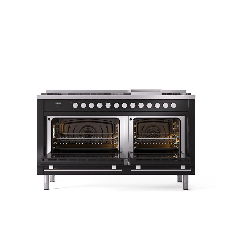 ILVE Professional Plus II 60 in Dual Fuel Range 9 Burner, Griddle, Glossy Black/Stainless Steel, Natural Gas