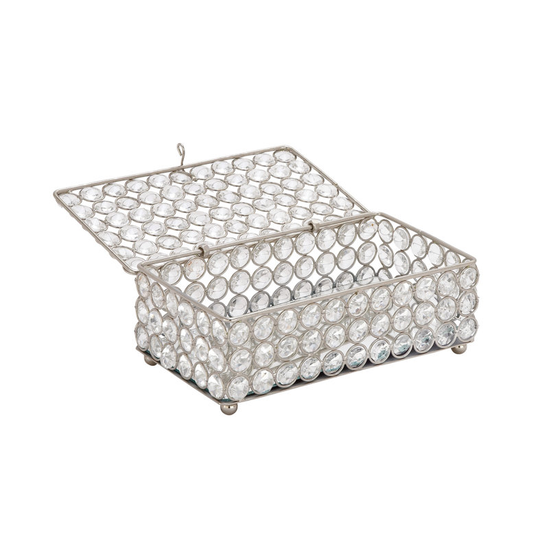 Silver Metal Rectangular Jewelry Box with Rhinestone Embellishments
