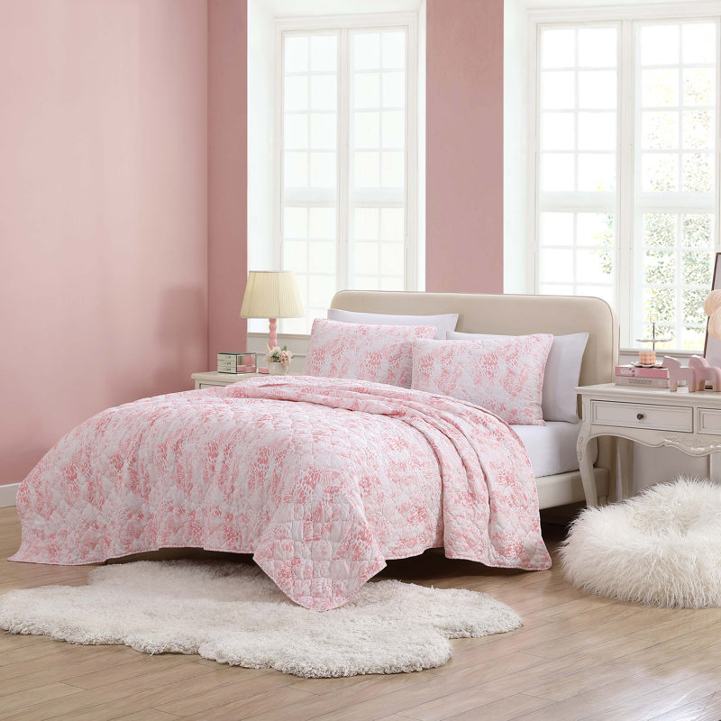 Twin Pink Reversible Microfiber Quilt Set with Butterfly Design