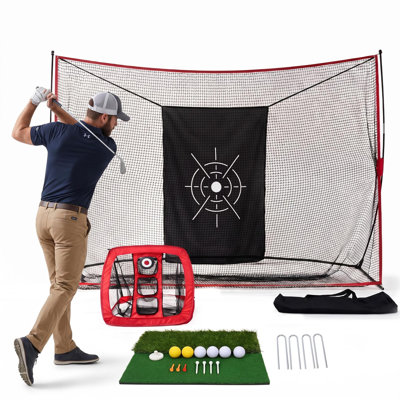Filet de pratique de golf 10 x 7 pi, structure en tube de fer robuste avec tapis de frappe et sac de transport - Entraînement intérieur / extérieur pour terrain d'exercice, cadeaux de golf pour homme et femme, rouge