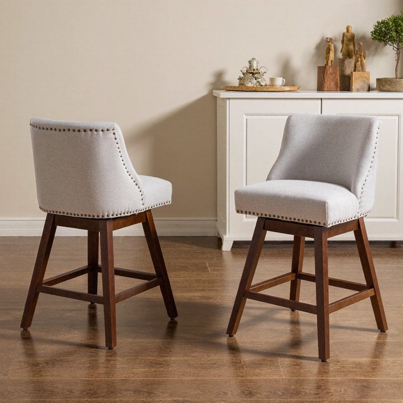 Ensemble de 2 tabourets de bar pivotants à hauteur de comptoir, siège 26 po, revêtement en tissu gris, structure en bois d'hévéa