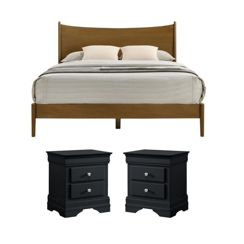 Barvelle Solid Wood 3 Piece Bedroom Set, Brown/Black, 3 Pcs: Bed, 2 Nightstands