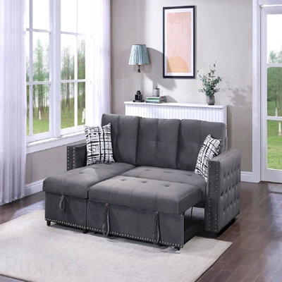 Gray Velvet Convertible Sectional Sofa Pull Out Bed Couch Storage Chaise Tufted Reversible 2Pc Sectional Living Room