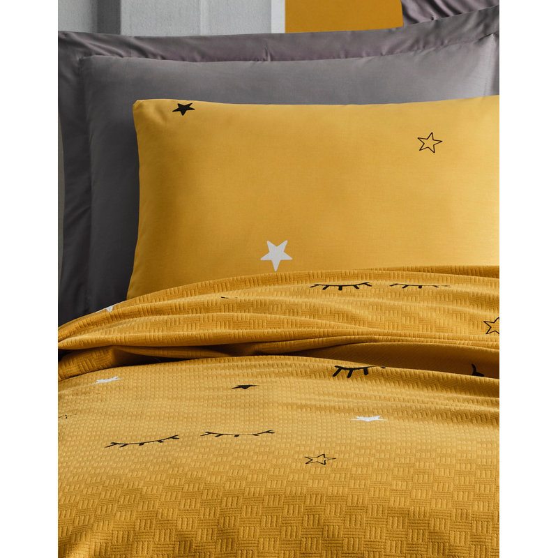 Ensemble de literie à double piqué de qualité supérieure, 100% coton, jaune | Pique 78,7 po x 92,5 po, drap 94,5 po x 102,4 po, 2 taies d'oreiller 19,7 po x 27,6 po | 280 g / m², 142 fils | Lavable à la machine, doux et durable