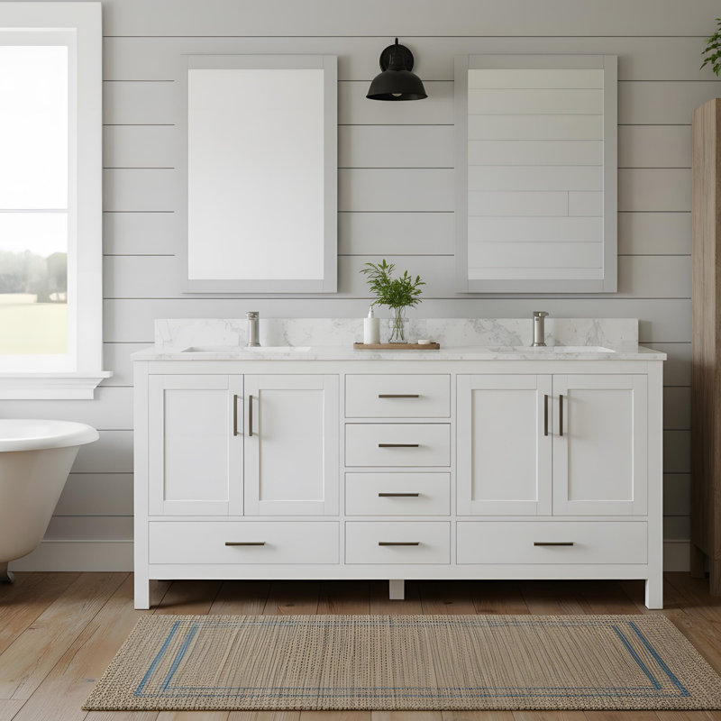 Ensemble de meuble-lavabo double avec 4 portes et 6 tiroirs, White, 71"