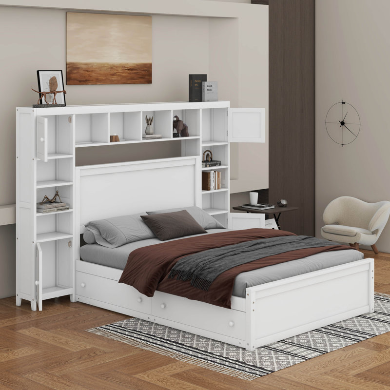 Lit en bois avec armoire tout-en-un, tablette et prises, lit gigogne simple TG, Blanc, Grand lit