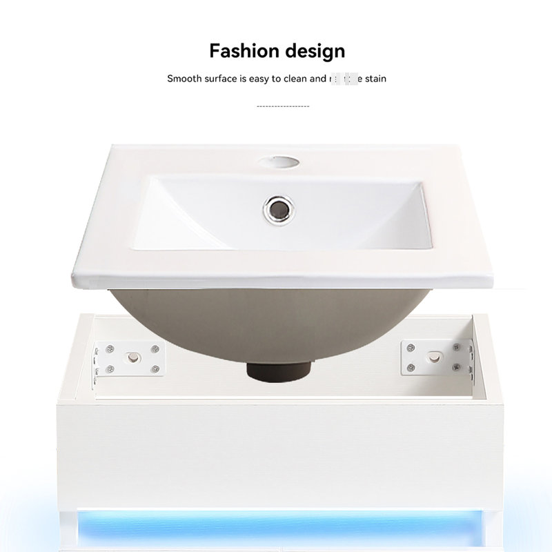 Lavabo de salle de bain 16 po, mural, blanc, style moderne, rangement abondant pour petite baignoire, mode indicateur de détection de radars, fonction amplement fonctionnelle