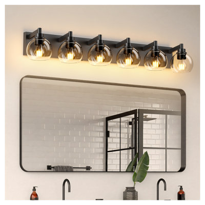Luminaire pour meuble-lavabo de salle de bain 6 lumières Farmhouse, applique murale en fer noir mat avec globes en verre transparent