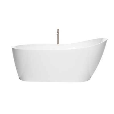 Davia 67 Inch Soaking Bathtub in White with Shiny White Trim and Floor Mounted Faucet in Brushed Nickel